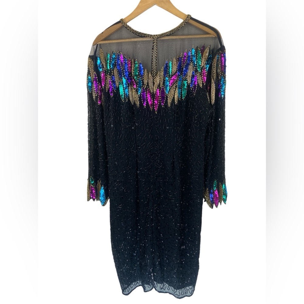 Vintage Erica Louis Beaded Silk Dress – Black Sequin Long Sleeve Elegant Gown - Picture 2 of 13